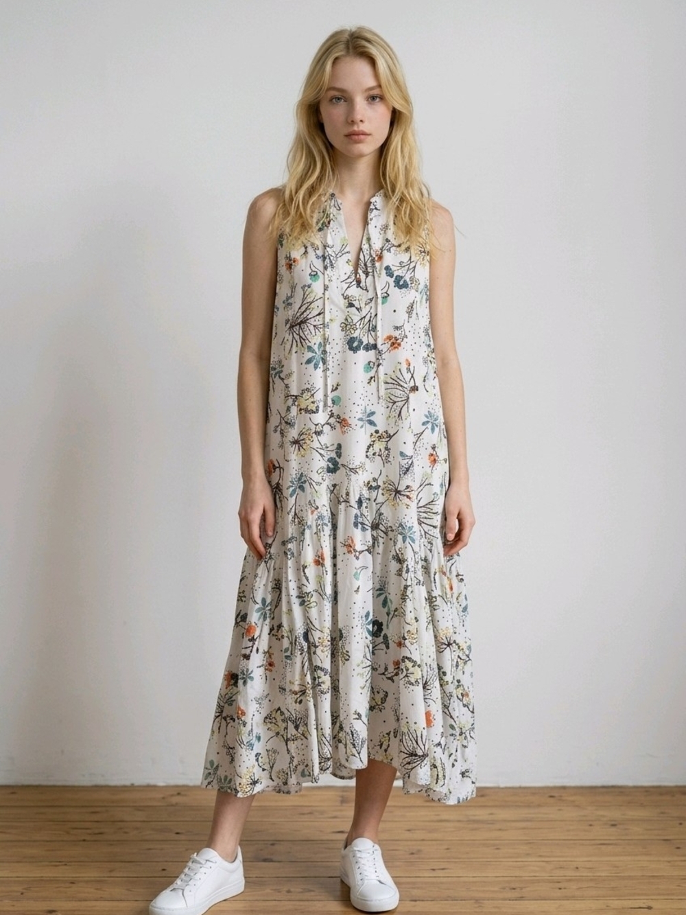Free People Cream Sleeveless Floral Tiered Maxi Dress